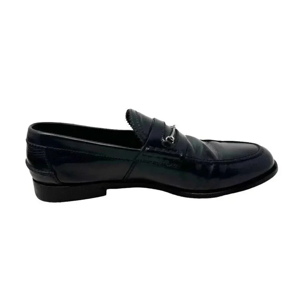 Gucci Mens black smooth leather horsebit loafers shoes size 8.5